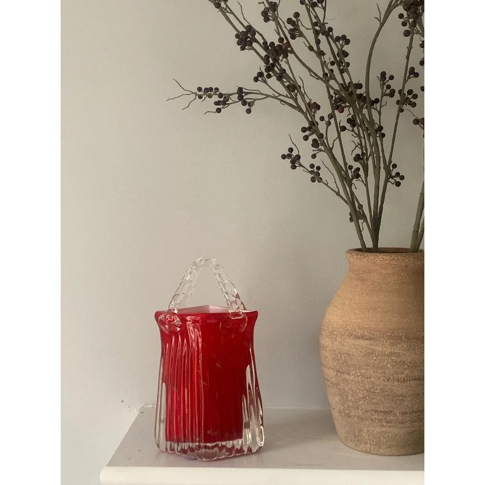 Hand Blown Red Glass Purse Vase Gold‎ Aventurine Flecks Ribbed Art Glass Handbag